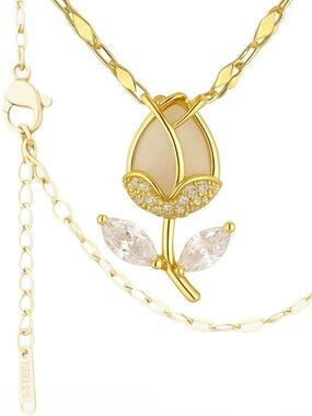 Tulip Flower Pendant Necklace with Twisty Chain Gold-Tone over Steel